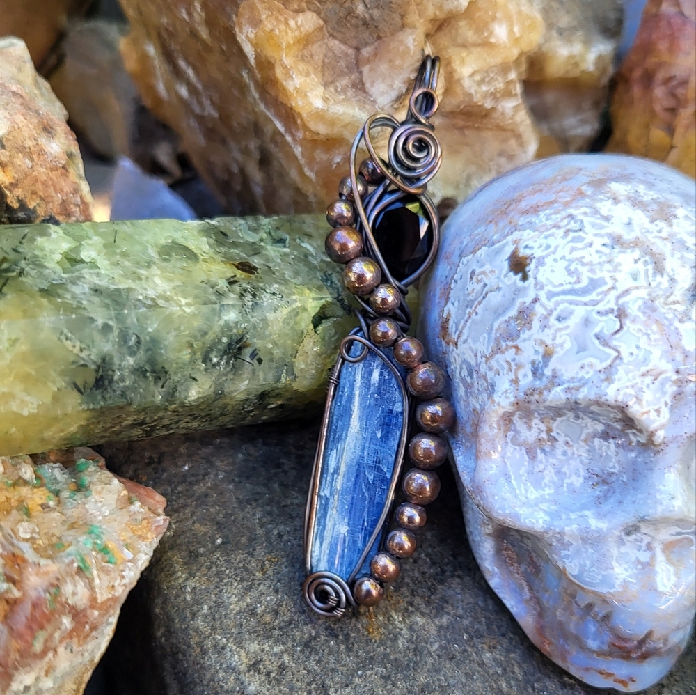 Handcrafted Bohemian Copper Wire Wrap Smoky Quartz & Blue Kyanite Pendant